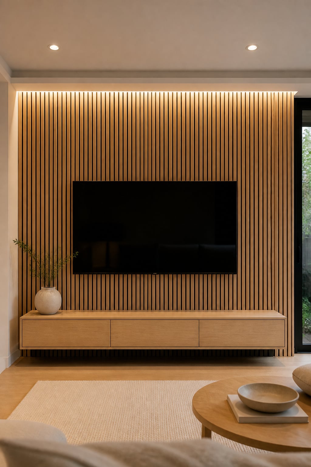 Living room TV wall with floor-to-ceiling vertical natural oak wood slat panels and wall-mounted television