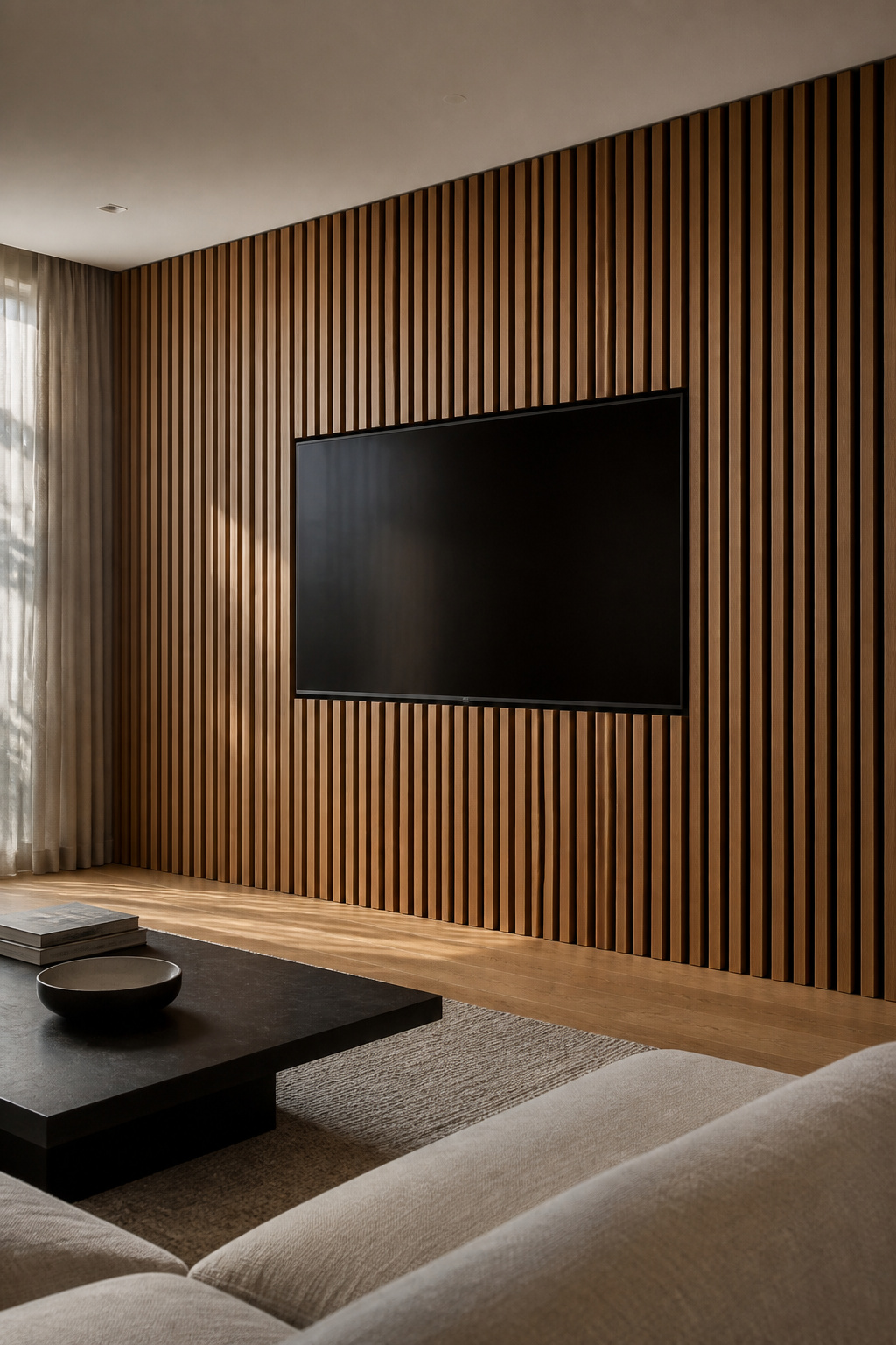 Modern living room with vertical wood slat wall behind flat-screen TV, natural oak finish with dark gaps, floor-to-ceiling installation