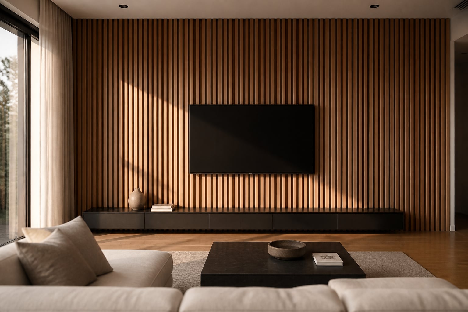 Modern living room with vertical wood slat wall behind flat-screen TV, natural oak finish with dark gaps, floor-to-ceiling installation