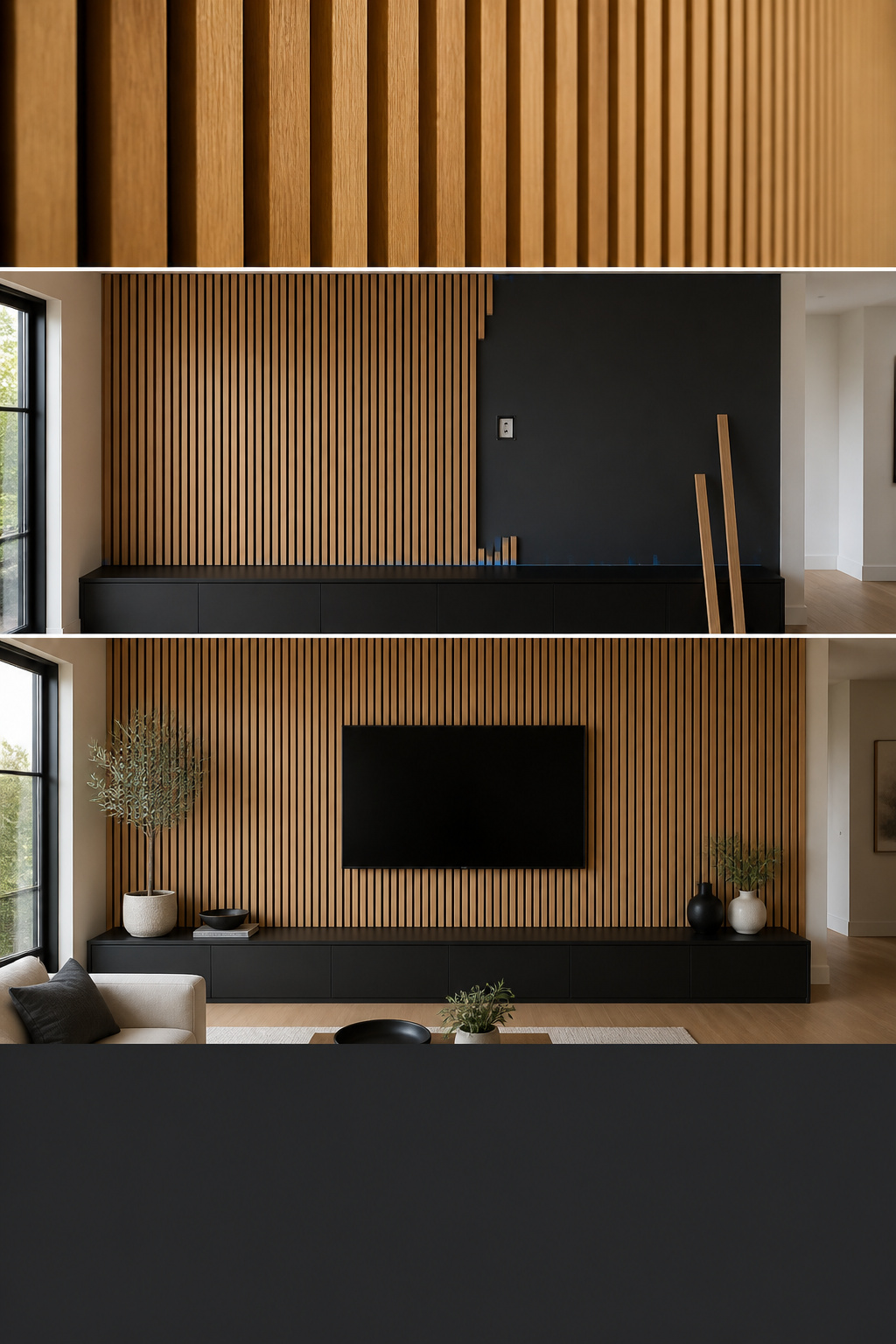 Pinterest collage showing DIY wood slat wall behind TV — lumber selection, installation in progress, and finished result