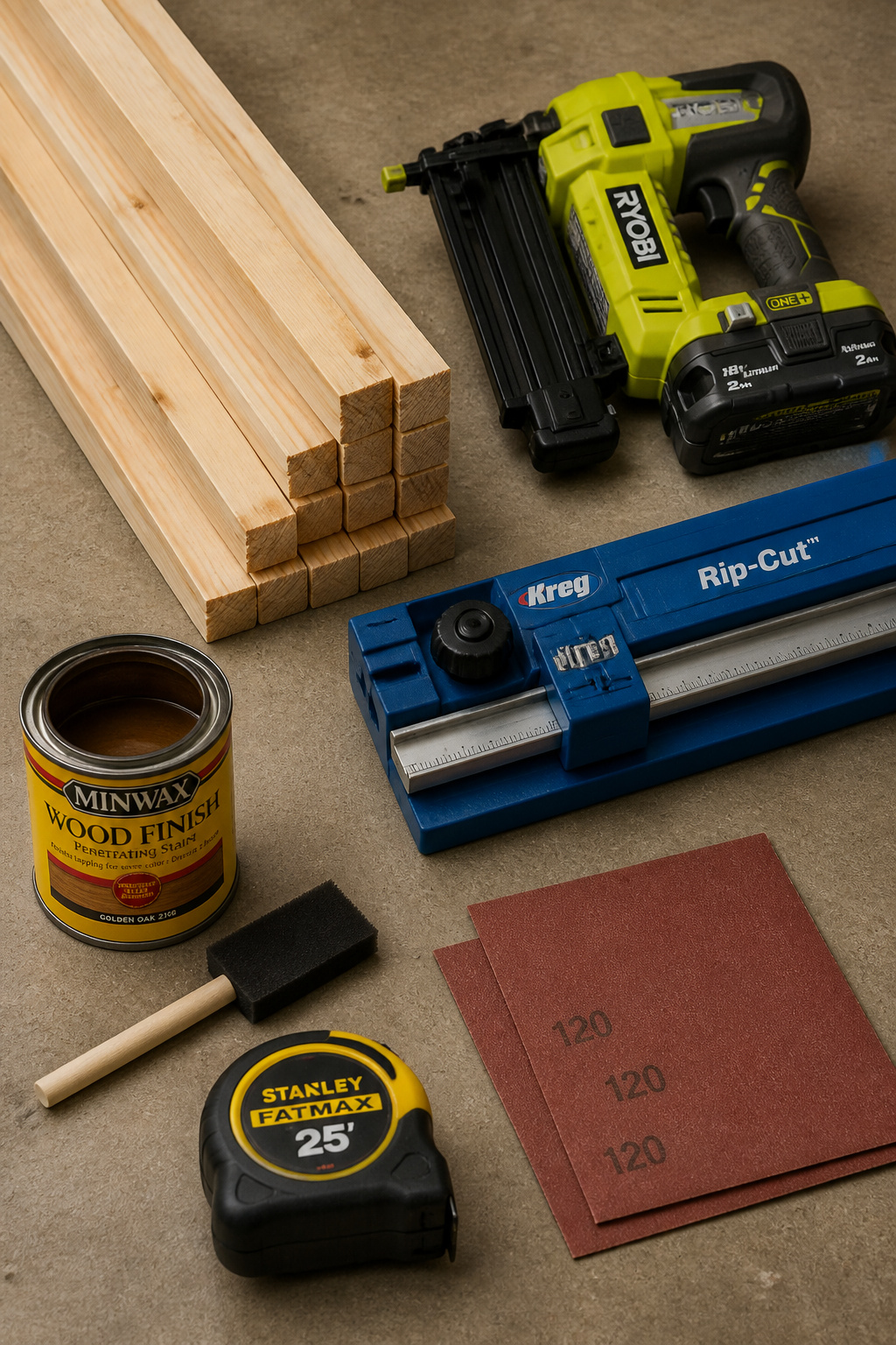 DIY wood slat wall materials laid out — pine furring strips, brad nailer, rip-cut jig, sandpaper, and wood stain