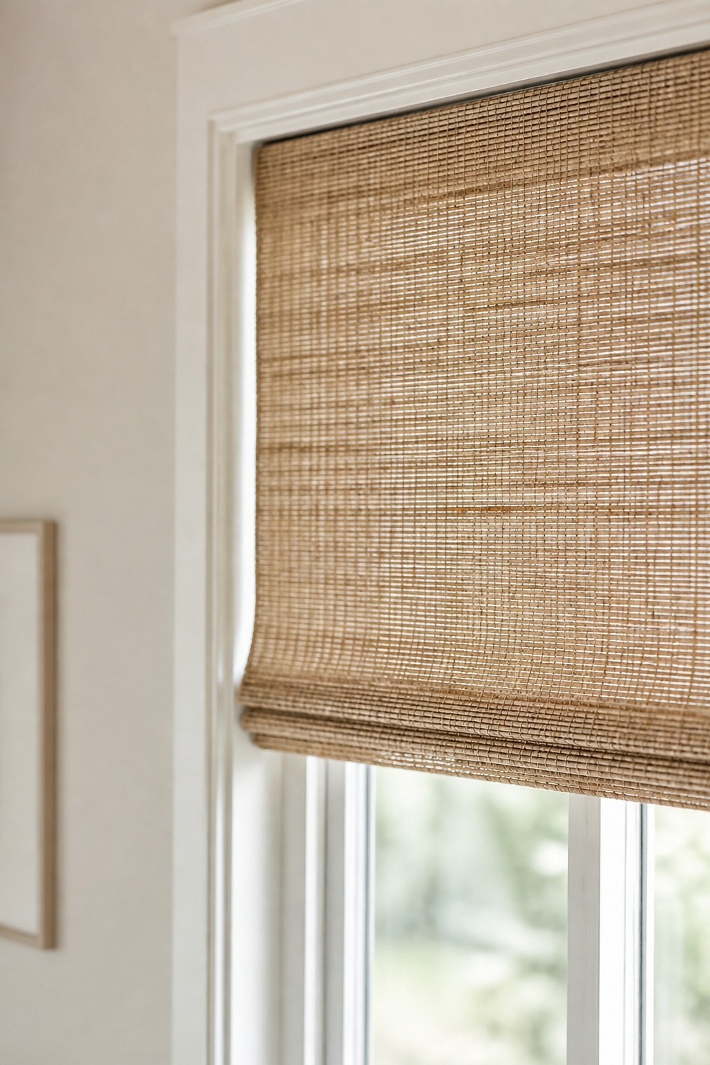 Woven roller shade mounted inside a bedroom window frame as a base layer under curtains