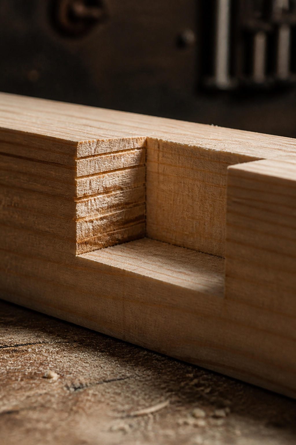 Half-lap notch cut in a pine 2x2 board showing the 3/4-inch depth and clean flat base before the two X-brace pieces are joined
