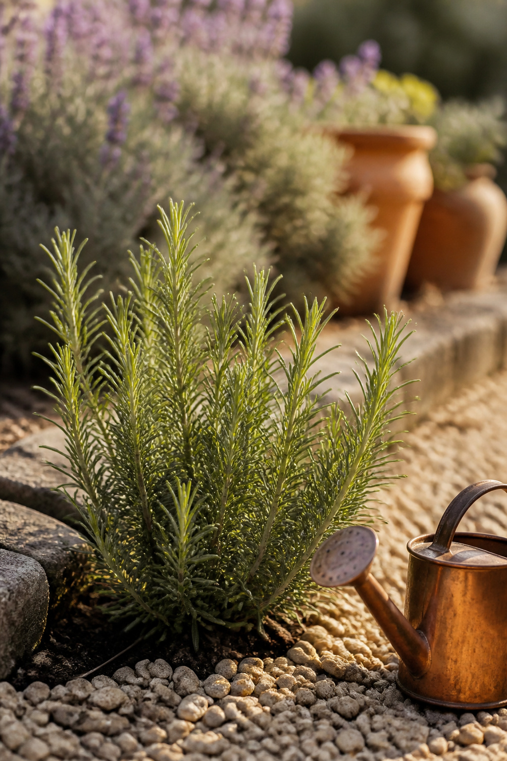 A young rosemary plant newly established in a gravel-edged bed beside a small copper watering can