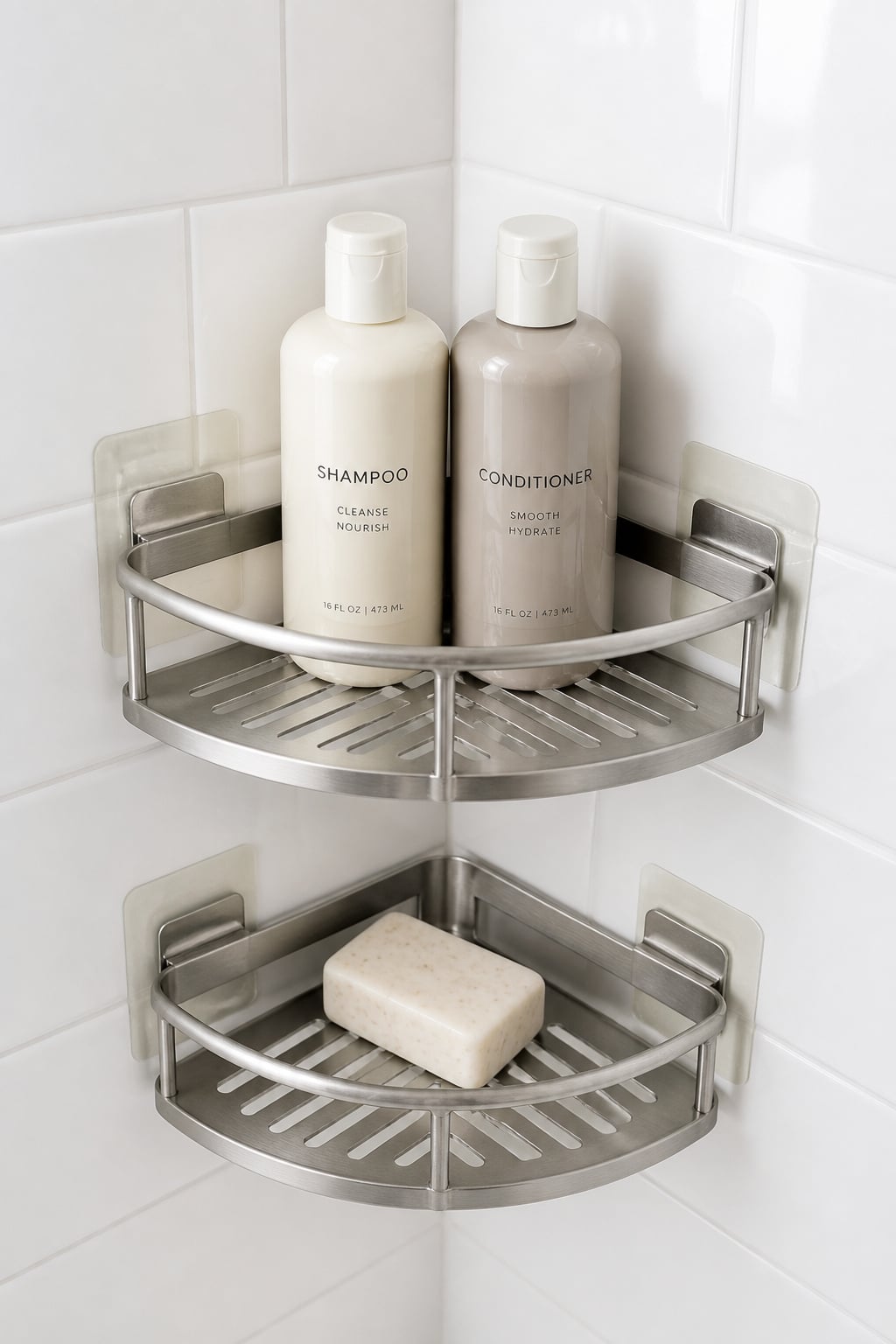 Brushed stainless adhesive corner caddy on white glazed ceramic tile in a shower, holding shampoo and conditioner with no drilling required