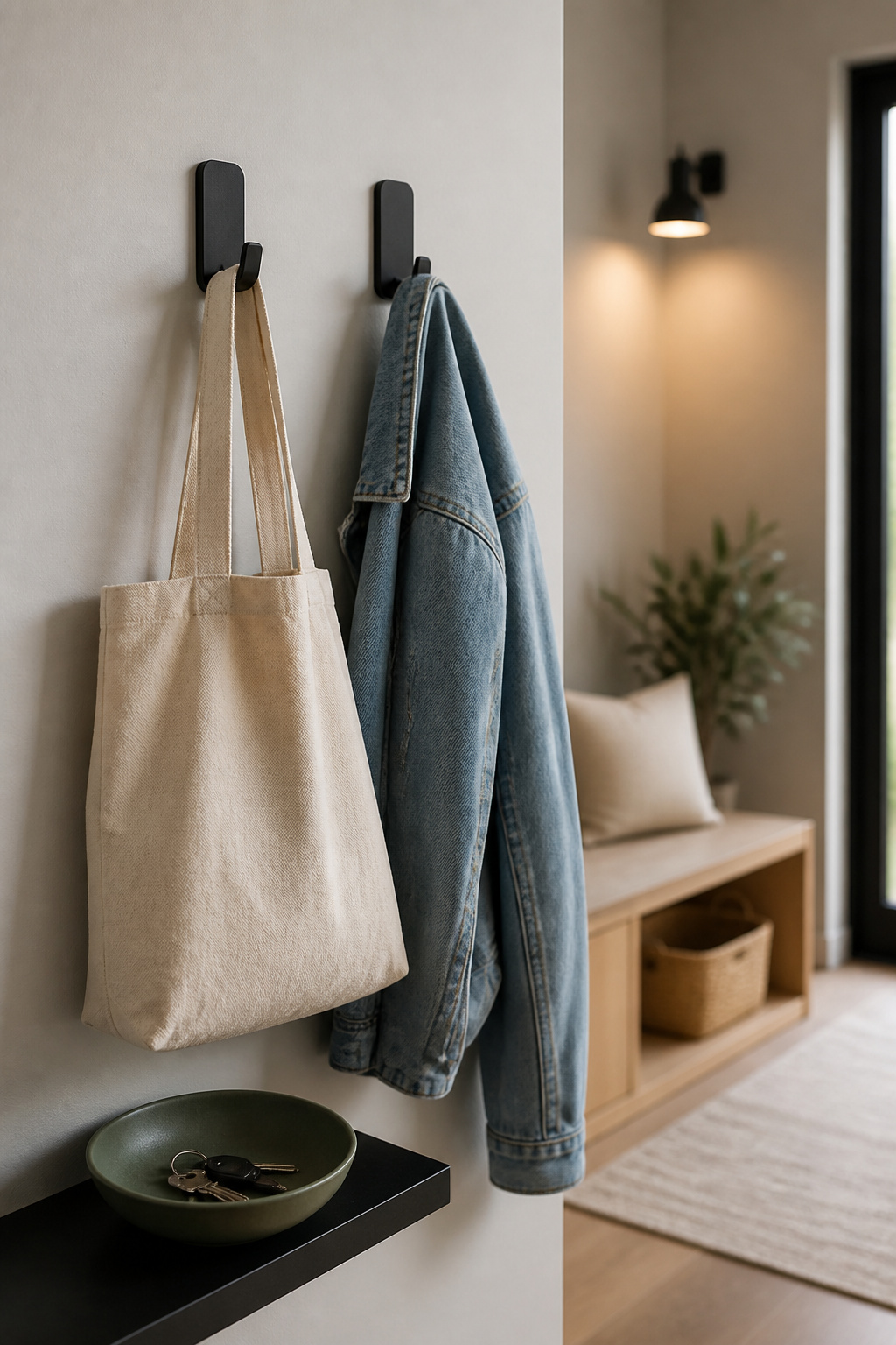 Two matte-black adhesive hook strips on a painted entry wall holding a canvas tote bag and a denim jacket