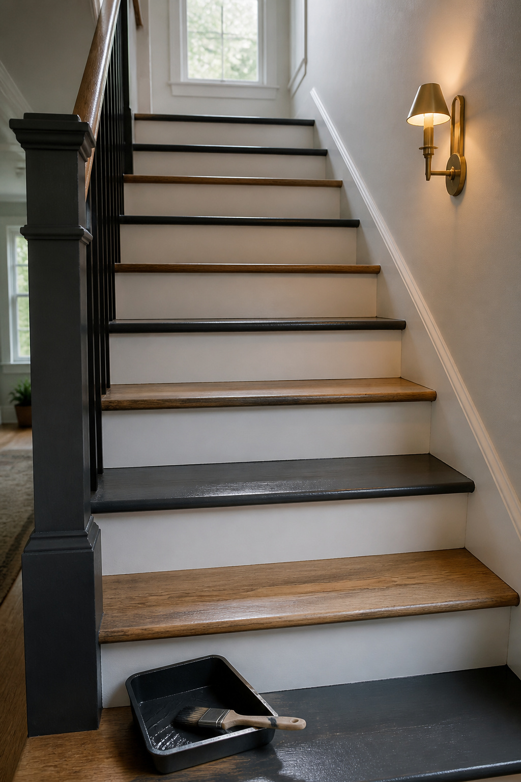 Staircase with alternating treads painted charcoal and bare wood treads left unpainted so the stairs stay usable during the project