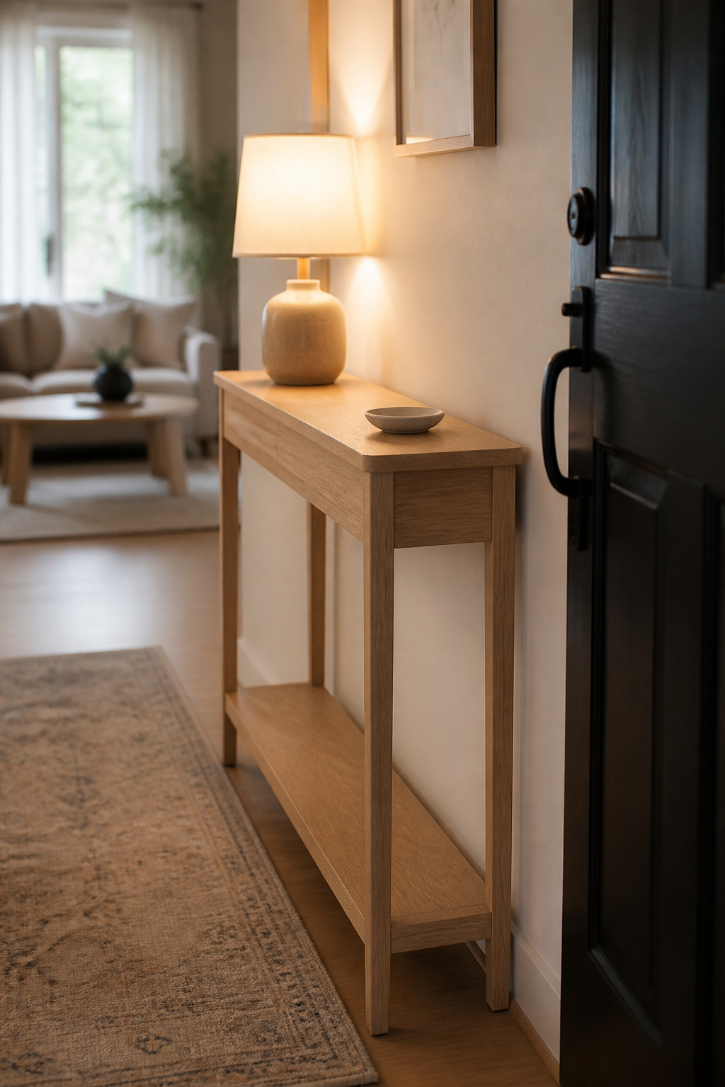 A slim pale oak console table angled a few inches off the wall near a rental front door, breaking the direct sightline into the living room