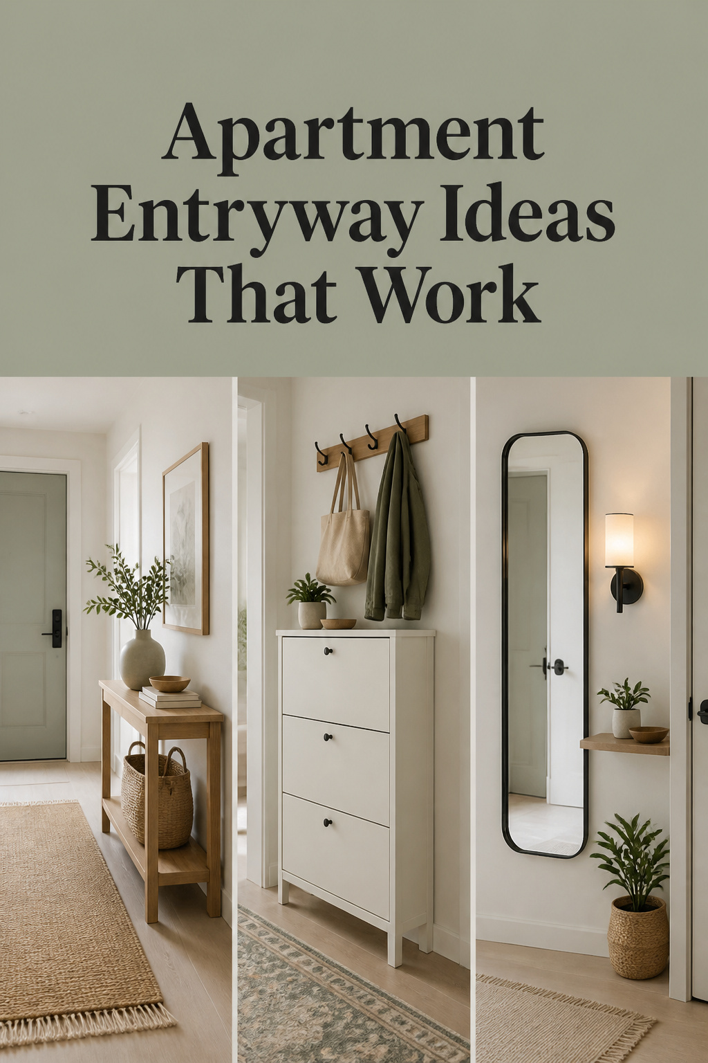 Pinterest collage of three apartment entryway ideas: a threshold rug, a slim shoe cabinet, and a mirror with sconce for a dark hallway