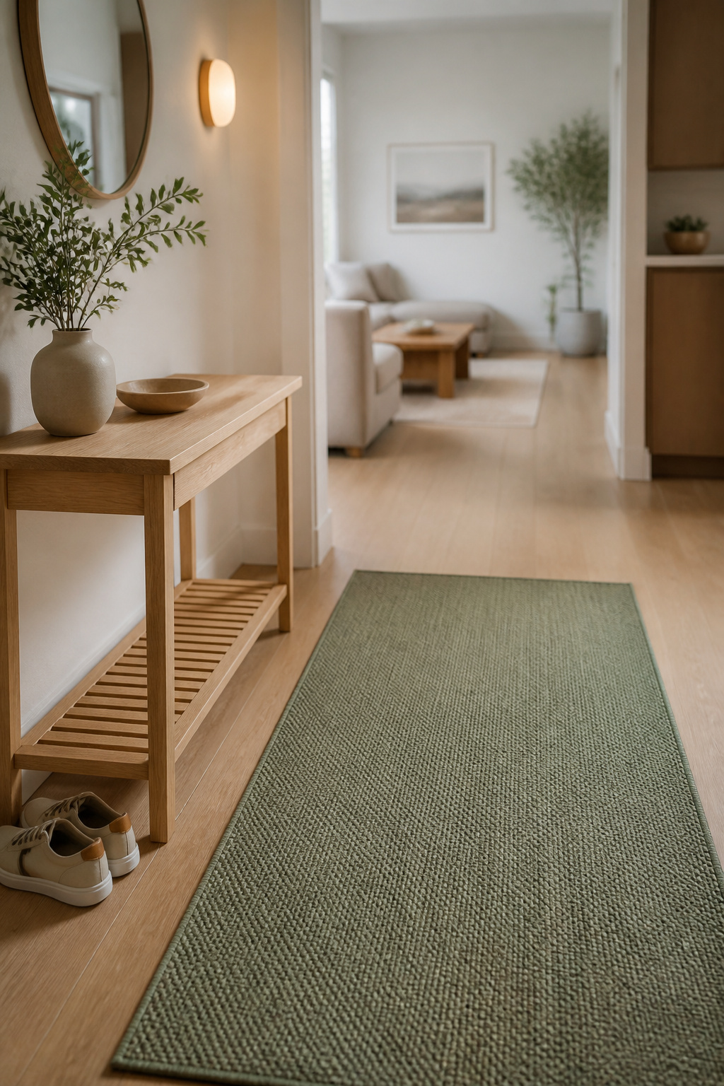 Small apartment entryway with a pale oak console table and sage runner rug marking the threshold by the front door