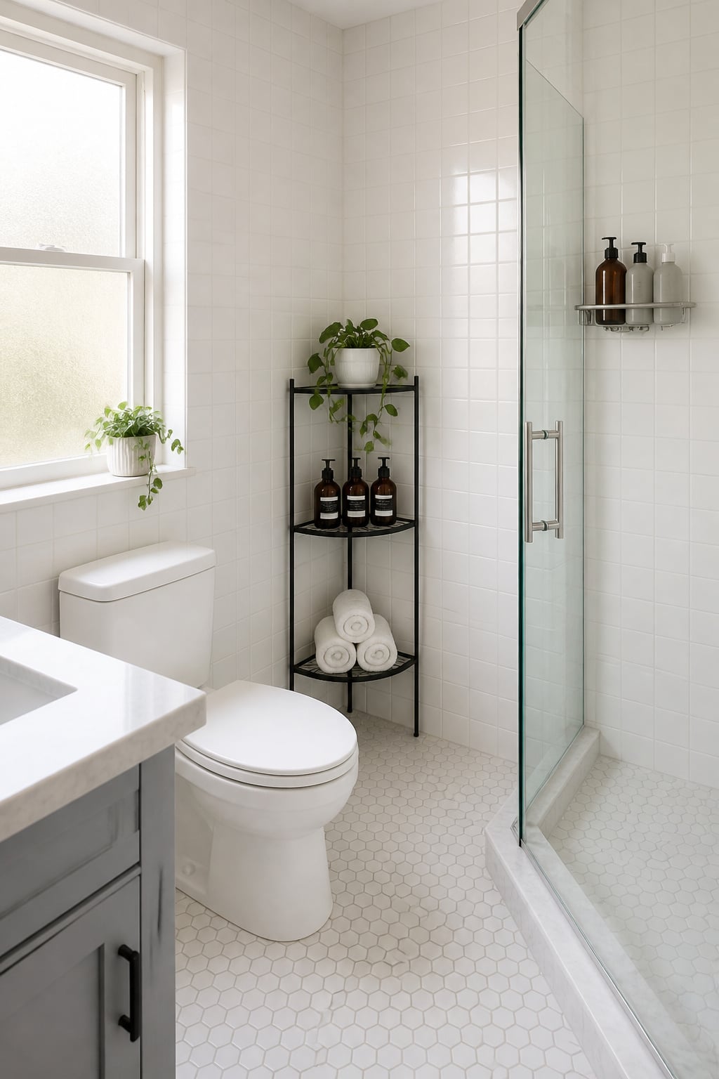 Small white bathroom with a slim black metal three-tier corner etagere in the dry zone and a stainless triangular shelf in the shower corner — two different corner storage approaches in one room