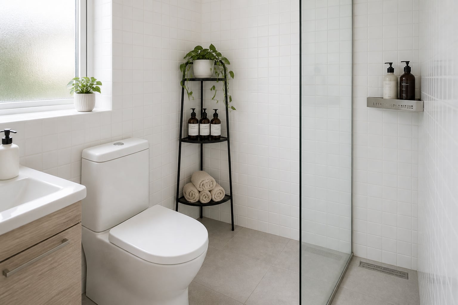 Small white bathroom with a slim black metal three-tier corner etagere in the dry zone and a stainless triangular shelf in the shower corner — two different corner storage approaches in one room
