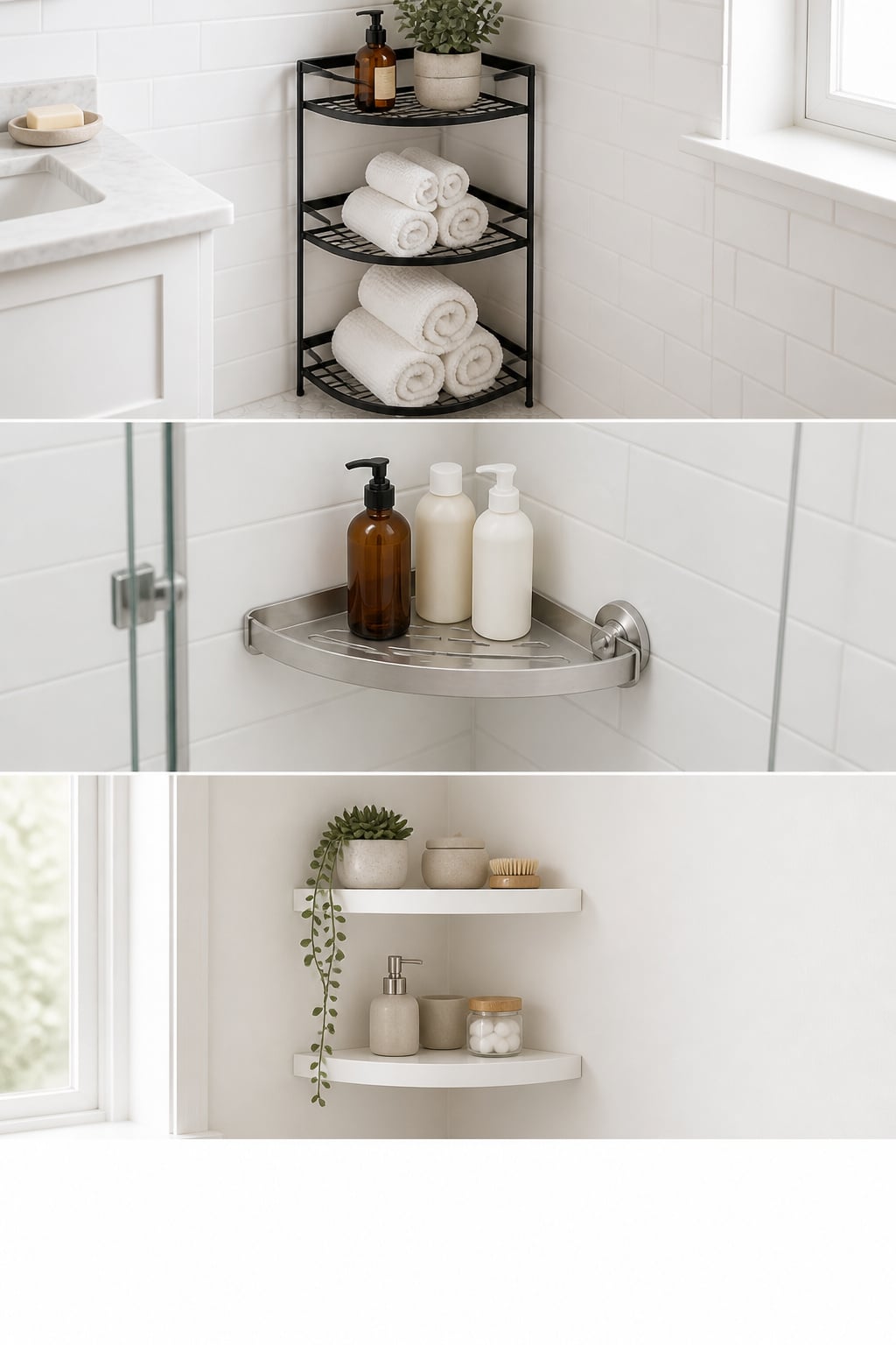 Three bathroom corner shelf ideas: freestanding etagere, adhesive shower caddy, and wall-mounted stacked corner shelves