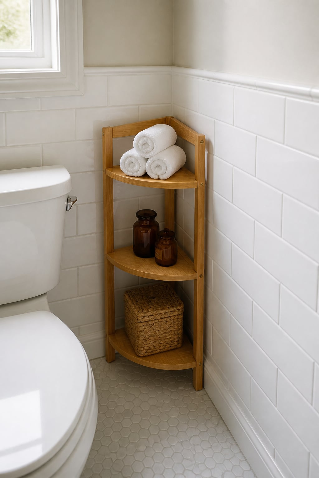 Slim bamboo three-tier corner shelf unit standing in a small bathroom corner beside a white toilet holding rolled towels and small storage jars