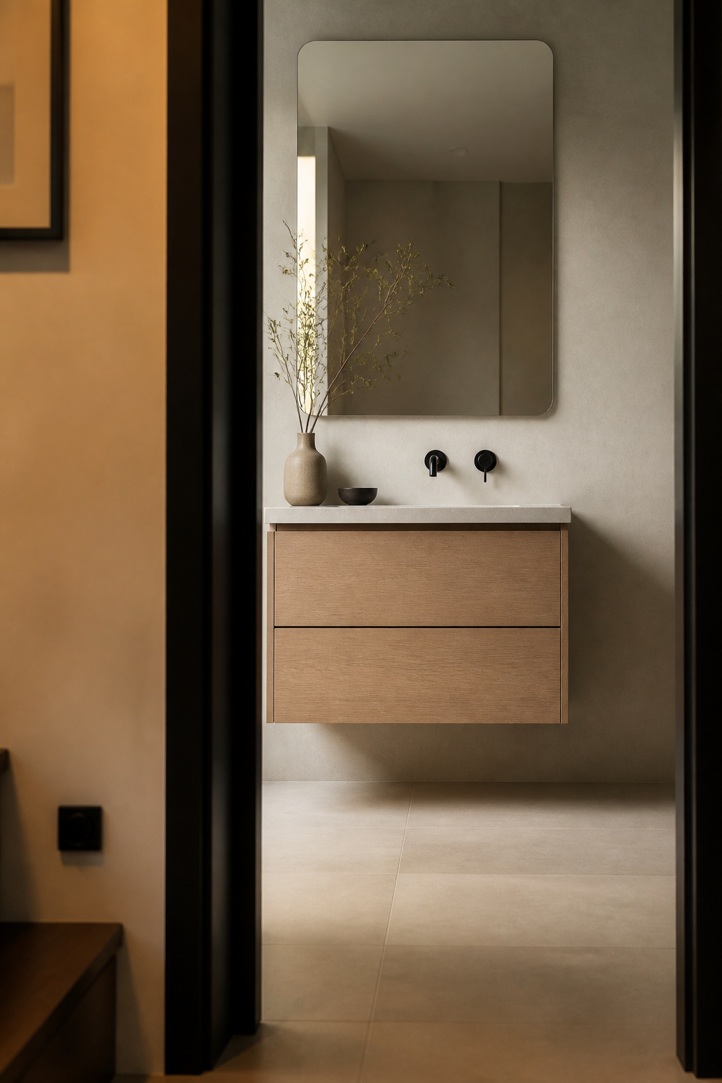 View through an open bathroom doorway toward a floating oak vanity and mirror positioned in the sightline