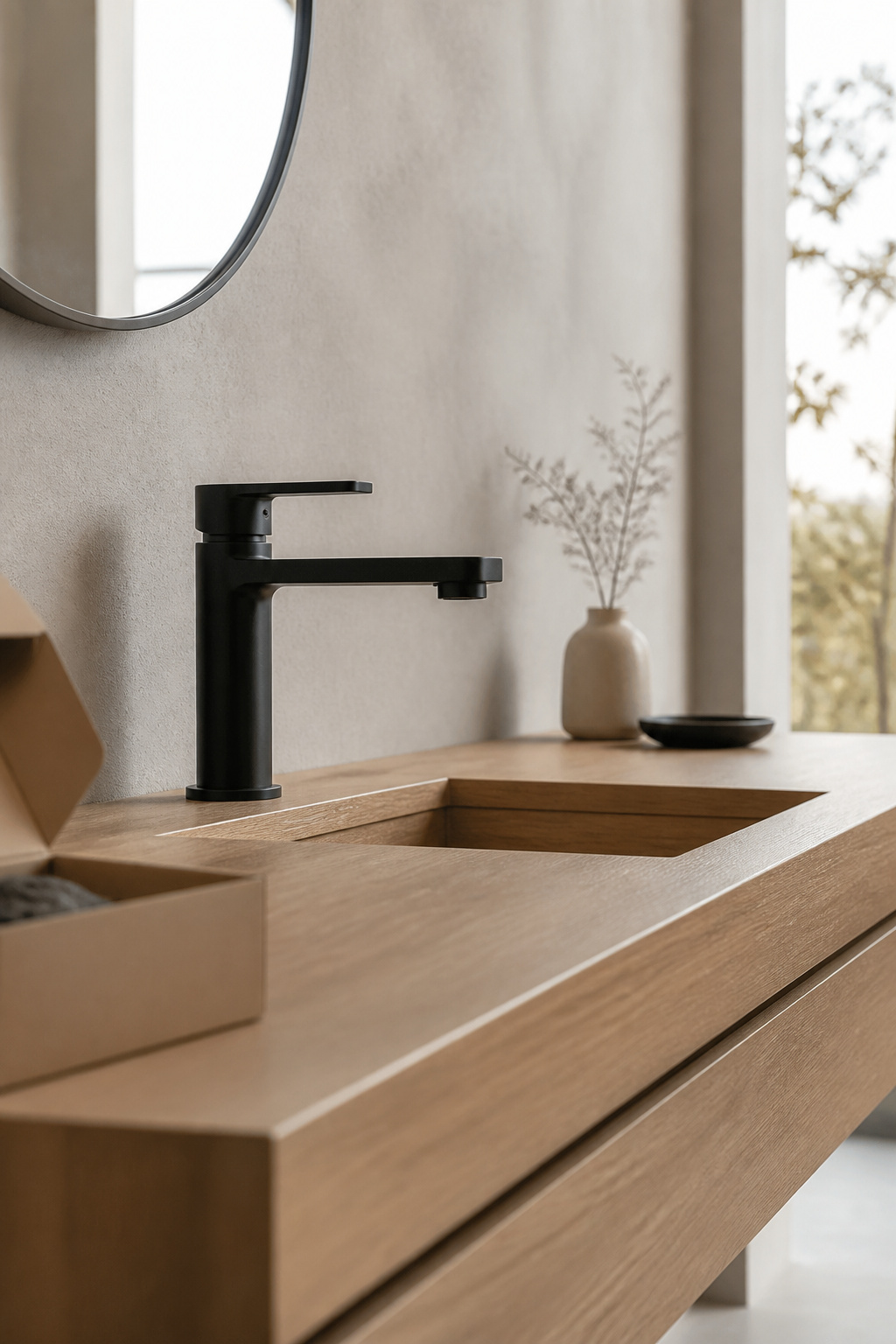 Newly installed matte black bathroom faucet on a floating oak vanity with packaging box nearby