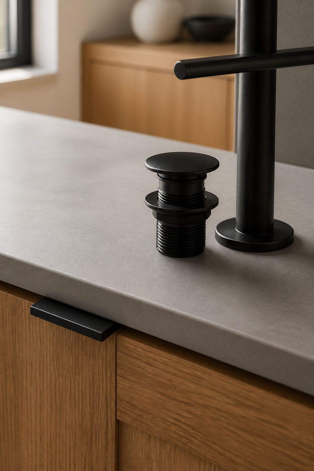Matte black faucet, drain waste and cabinet pull sharing one finish on a matte porcelain vanity counter