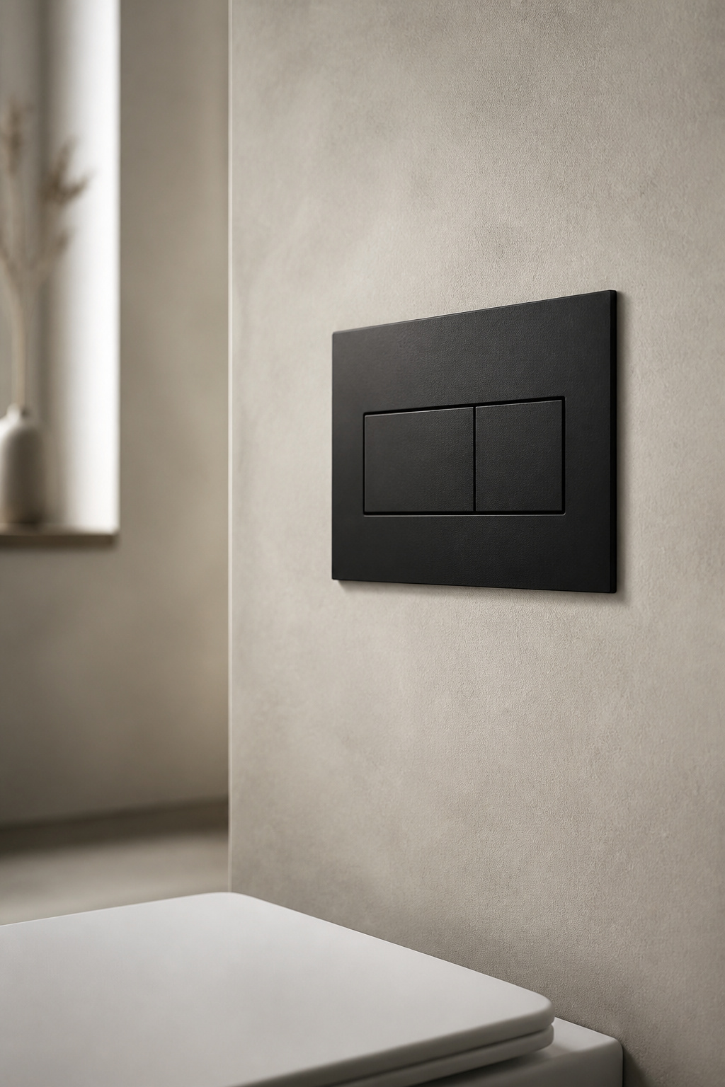 Matte black dual-flush plate set into a seamless bone microcement wall above a wall-hung toilet