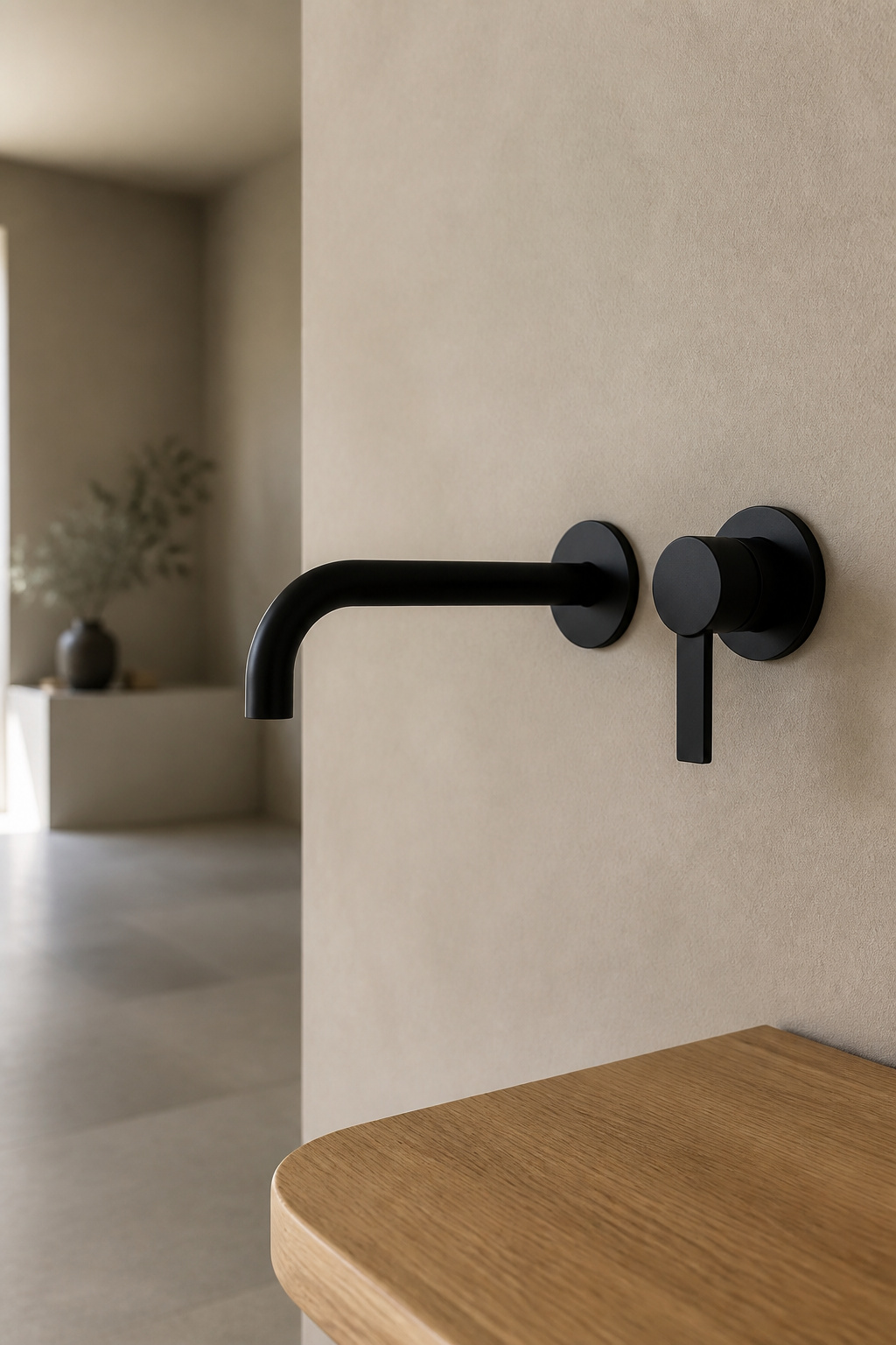 Matte black wall-mounted bathroom faucet against a seamless bone-coloured microcement wall