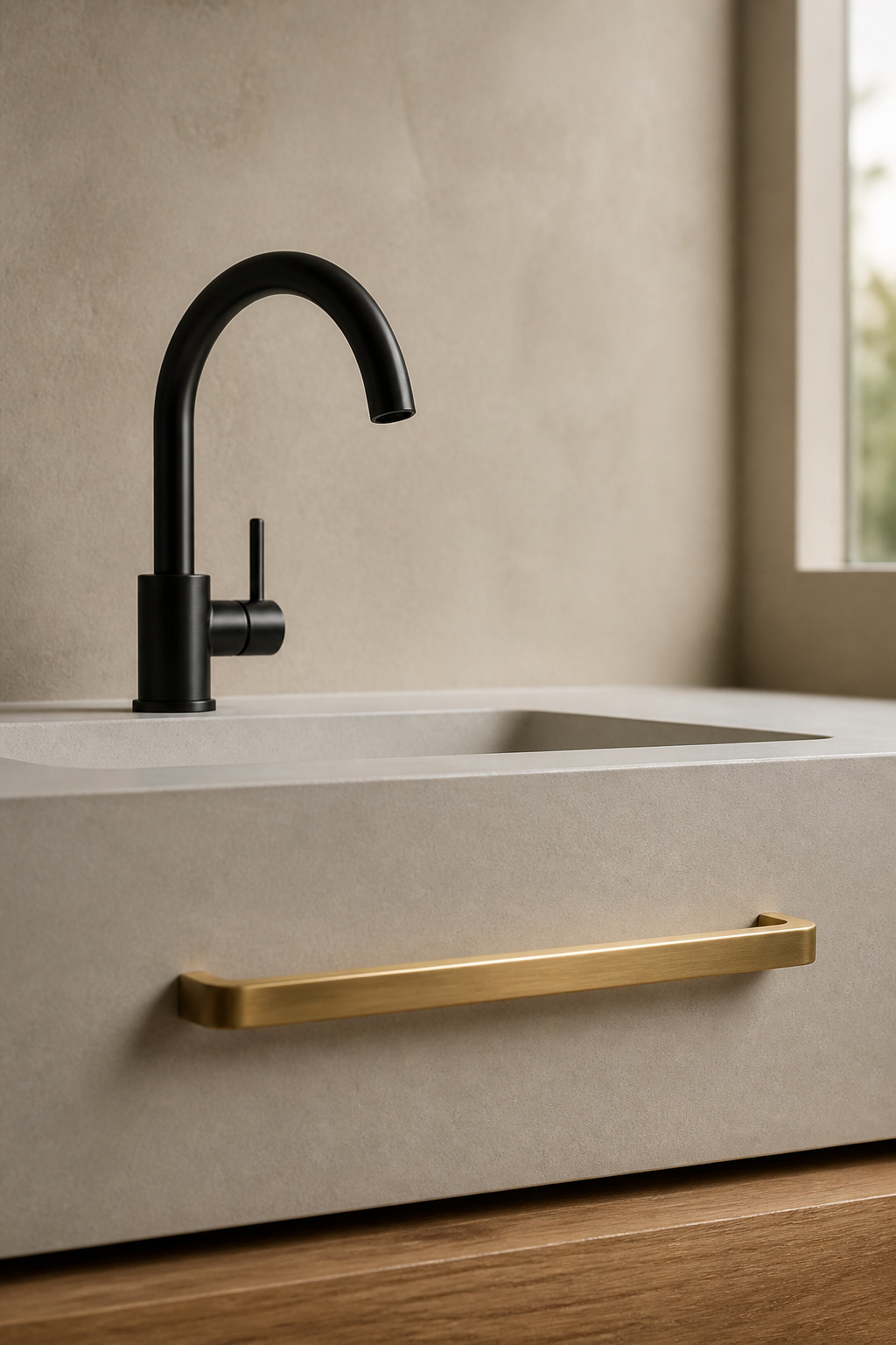 Matte black faucet paired with a brushed brass cabinet pull on a floating oak vanity, an intentional two-finish pairing