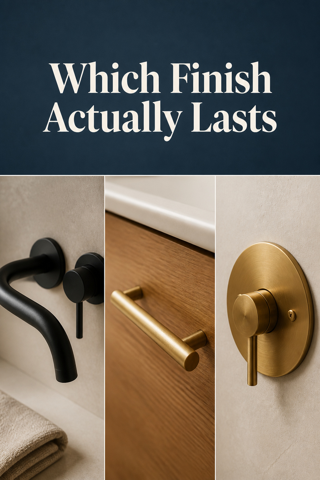 Pinterest pin collage of matte black, brushed brass and valve trim finishes in a modern bathroom with slate blue text band reading Which Finish Actually Lasts