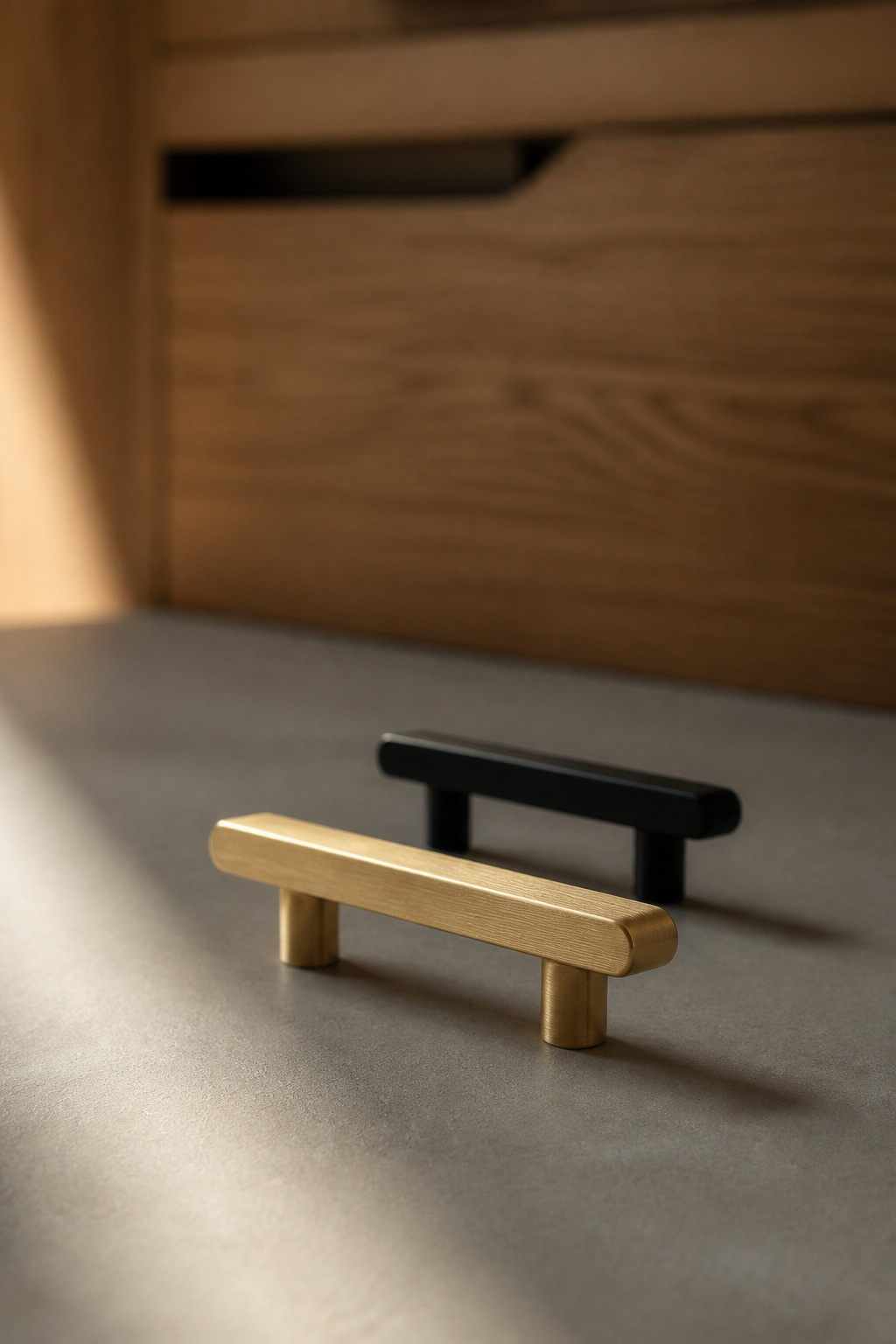 Brushed brass and matte black cabinet pulls resting on a pale microcement surface, showing two fixture finish types side by side
