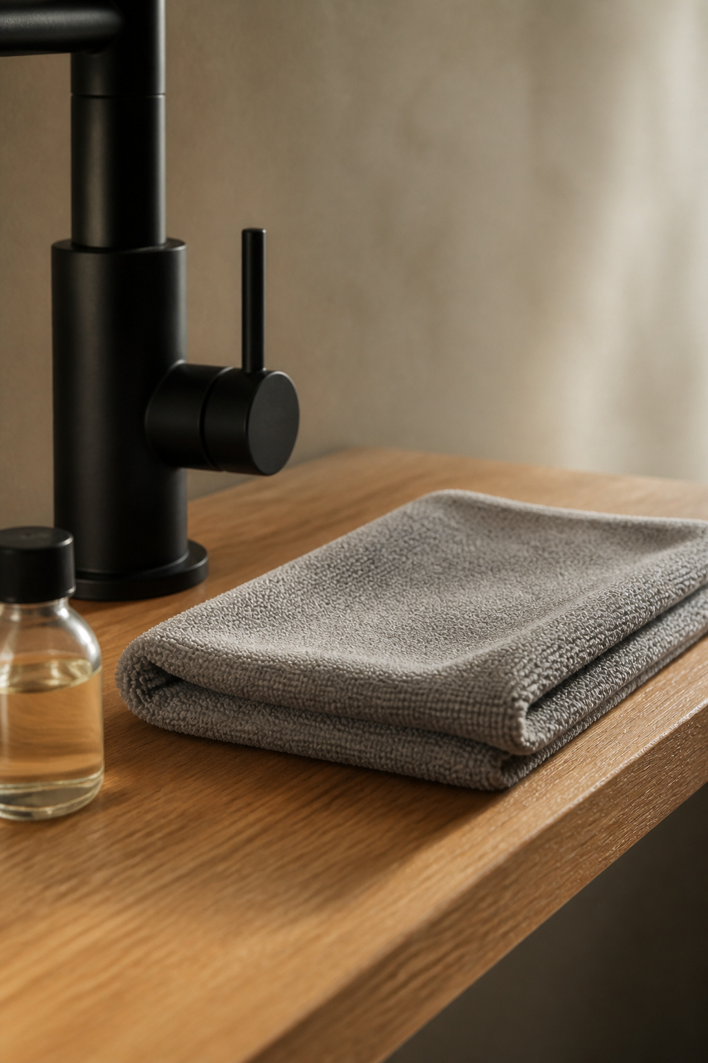 A folded microfibre cloth and a small bottle of mild soap solution beside a matte black faucet base on a warm oak vanity shelf