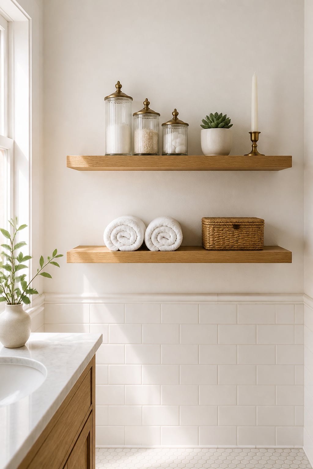 Two oak floating shelves in a white bathroom styled with glass jars, a succulent, rolled towels, and a rattan basket — deliberate empty space at each end