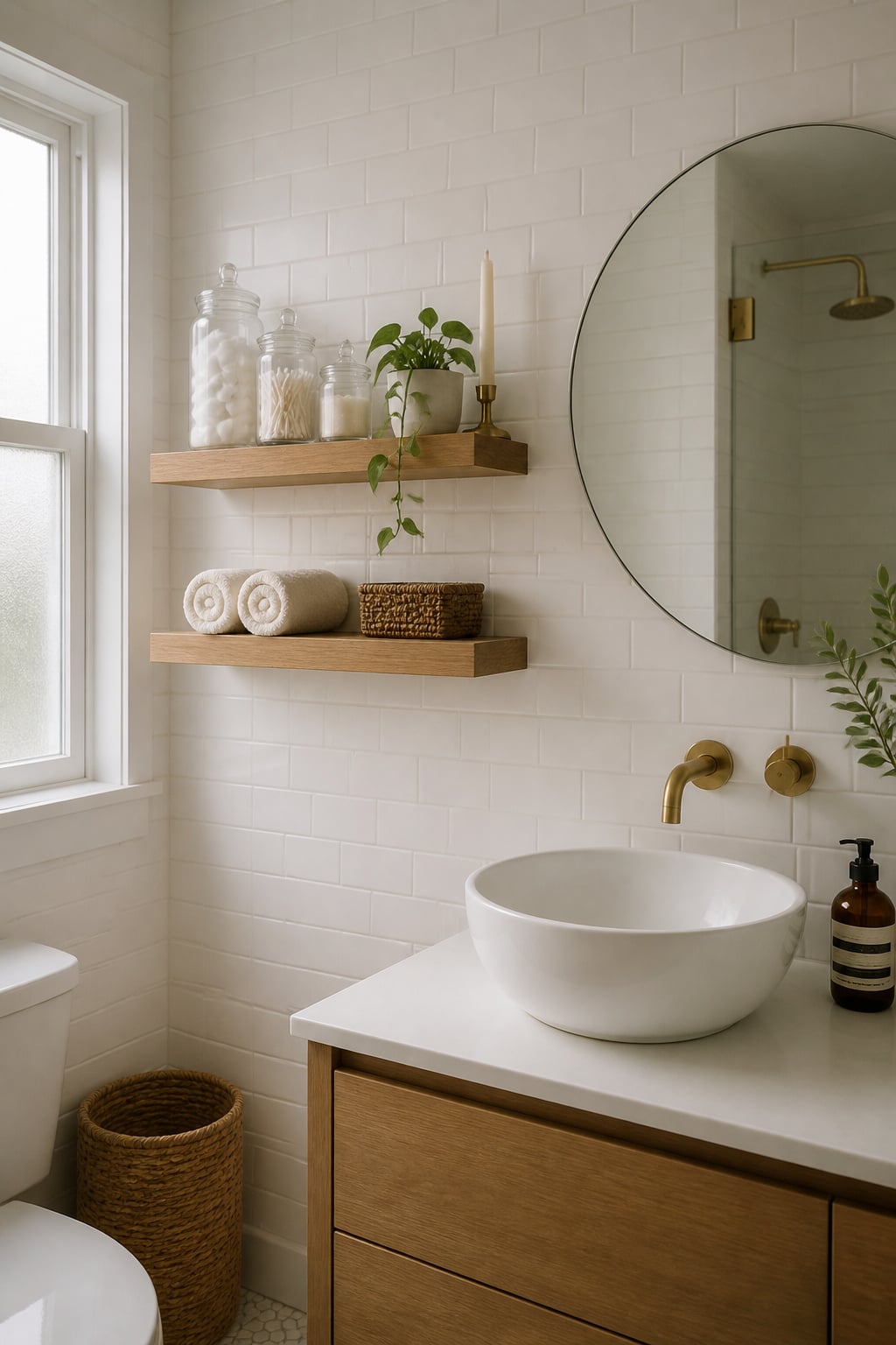 Natural oak floating shelves beside a bathroom mirror holding glass jars, a trailing plant, rolled towels, and a small basket