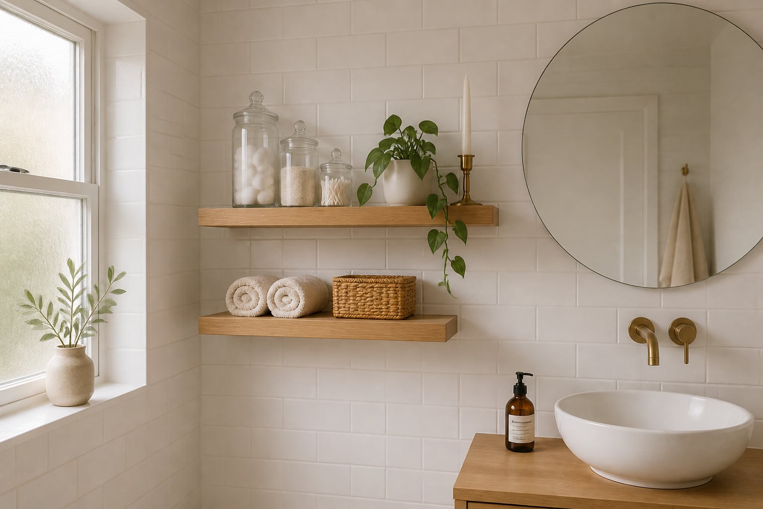 Natural oak floating shelves beside a bathroom mirror holding glass jars, a trailing plant, rolled towels, and a small basket