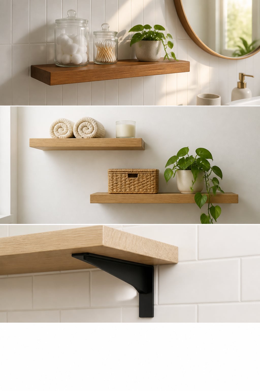 Three bathroom floating shelf styles: teak beside a mirror, staggered oak shelves with rolled towels, and a close-up of a bracket mounting to tile