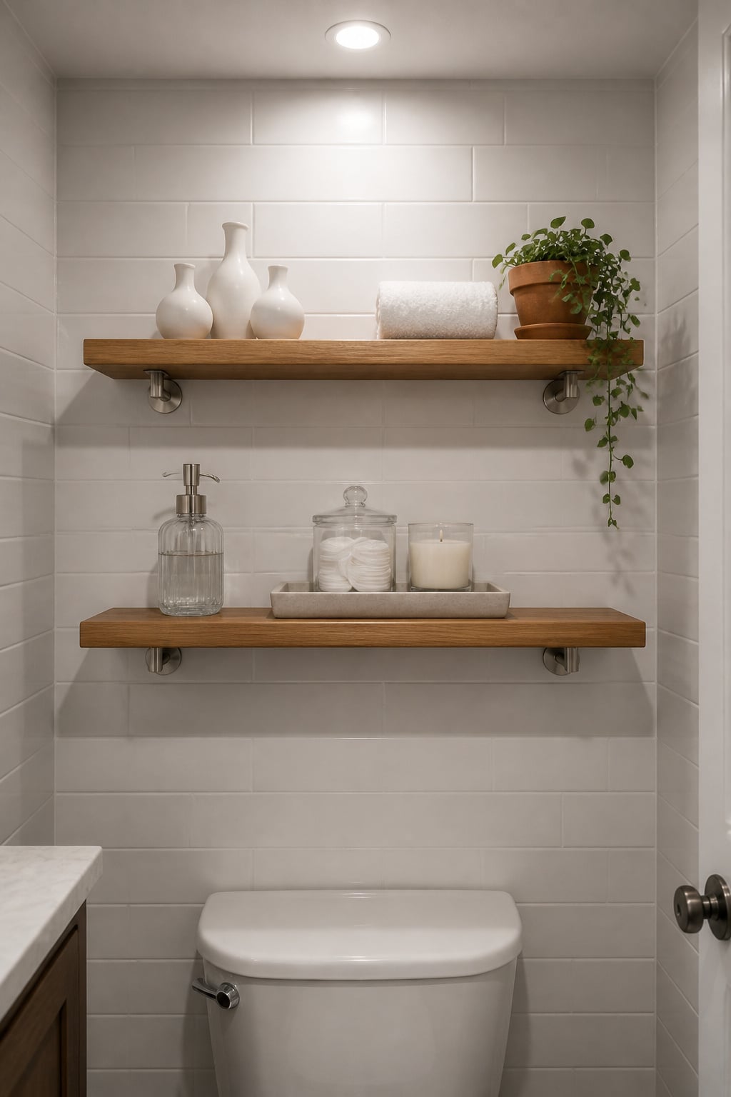 Two teak floating shelves in a small bathroom styled with ceramic vessels, rolled towel, small plant and glass soap dispenser