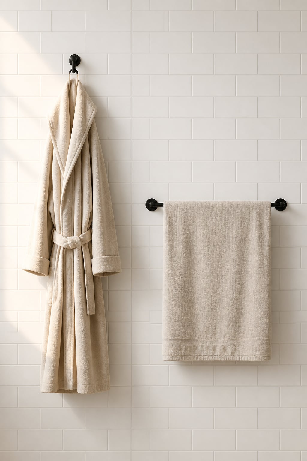 Side-by-side comparison of a towel hook at 66 inches and a towel bar at 48 inches on a white subway-tile bathroom wall