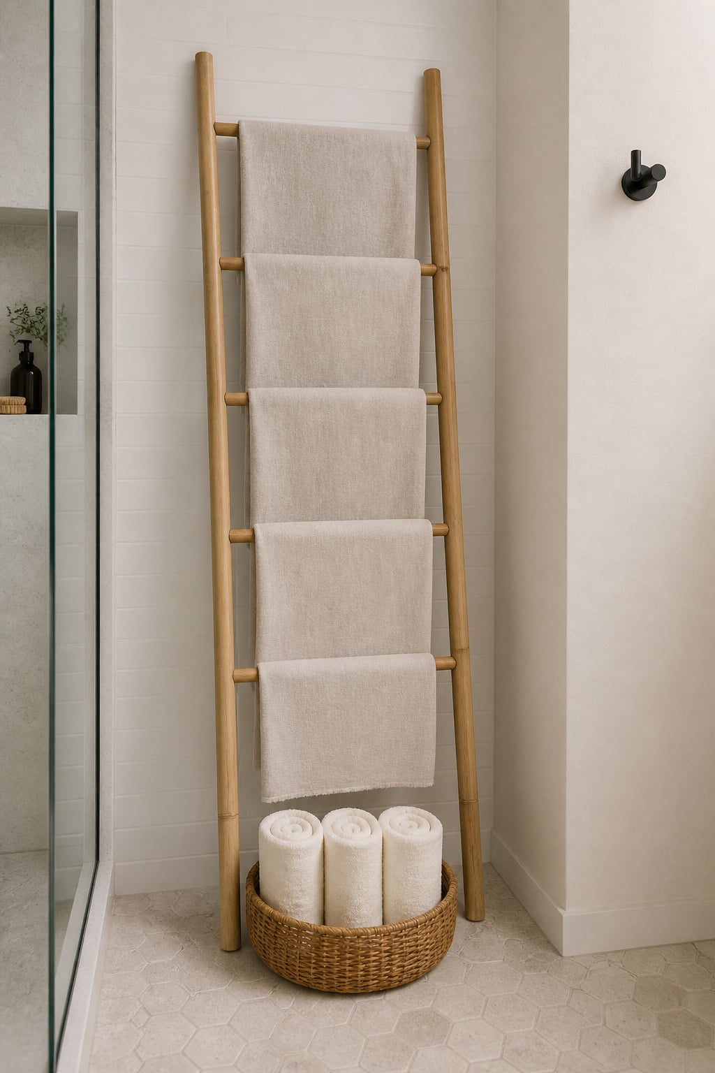 Bamboo leaning ladder rack in a bathroom corner with towels on each rung and a rattan basket of rolled towels at its base