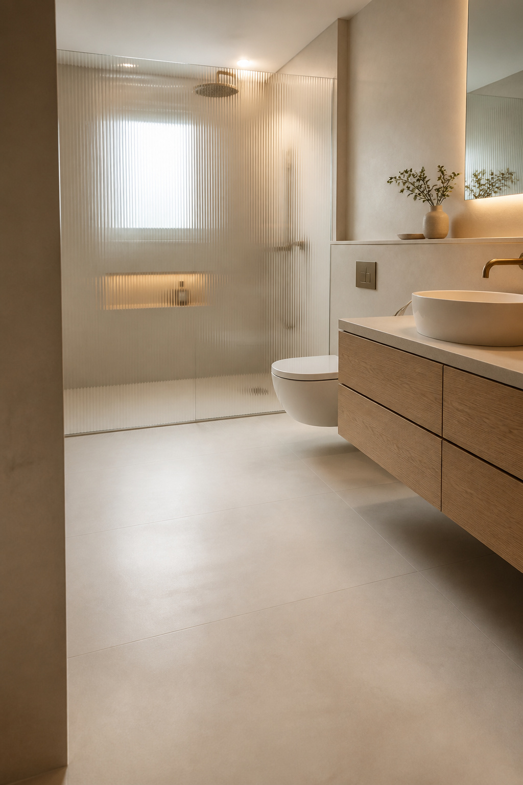 Modern bathroom floor plan view showing clear floor space around a floating vanity and wall-hung toilet on matte porcelain tile