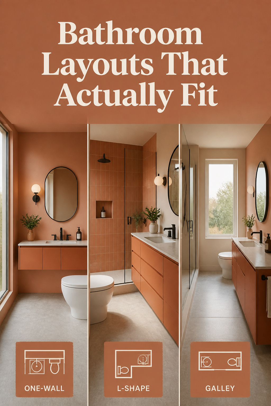 Pinterest collage of three modern bathroom layouts — one-wall, L-shape and galley — over a warm terracotta text band