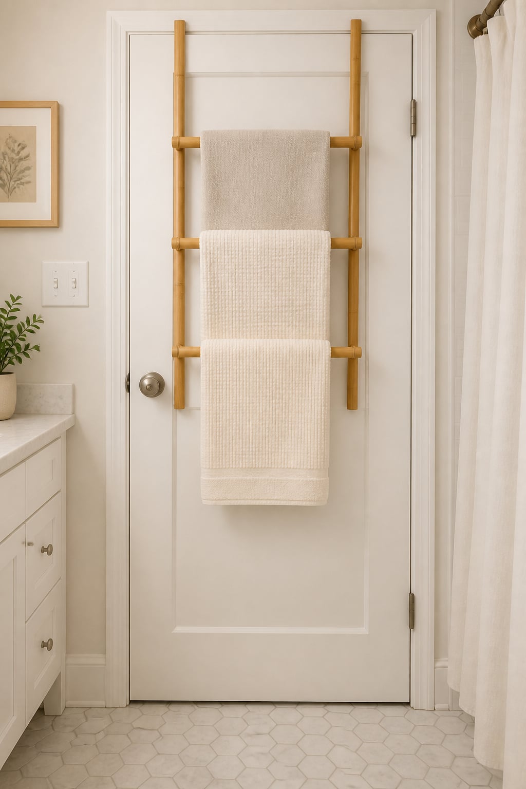 Bamboo over-door towel rack on the inside of a white bathroom door holding three folded ivory towels across its horizontal bars