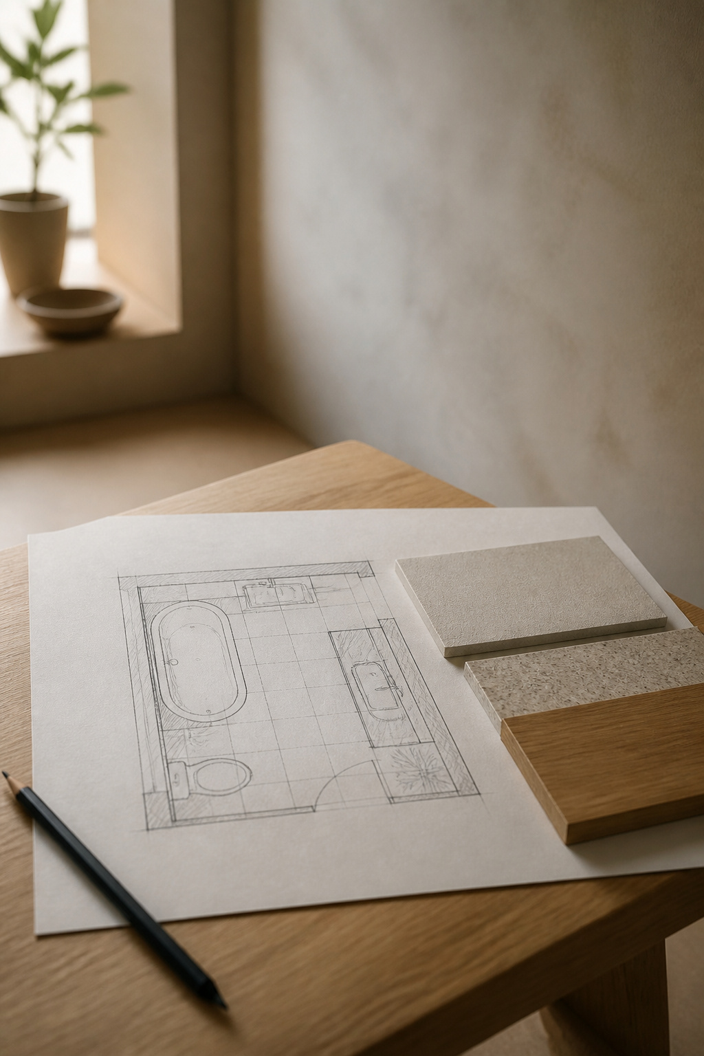 Sketched bathroom floor plan with plaster, porcelain and oak material swatches arranged beside it