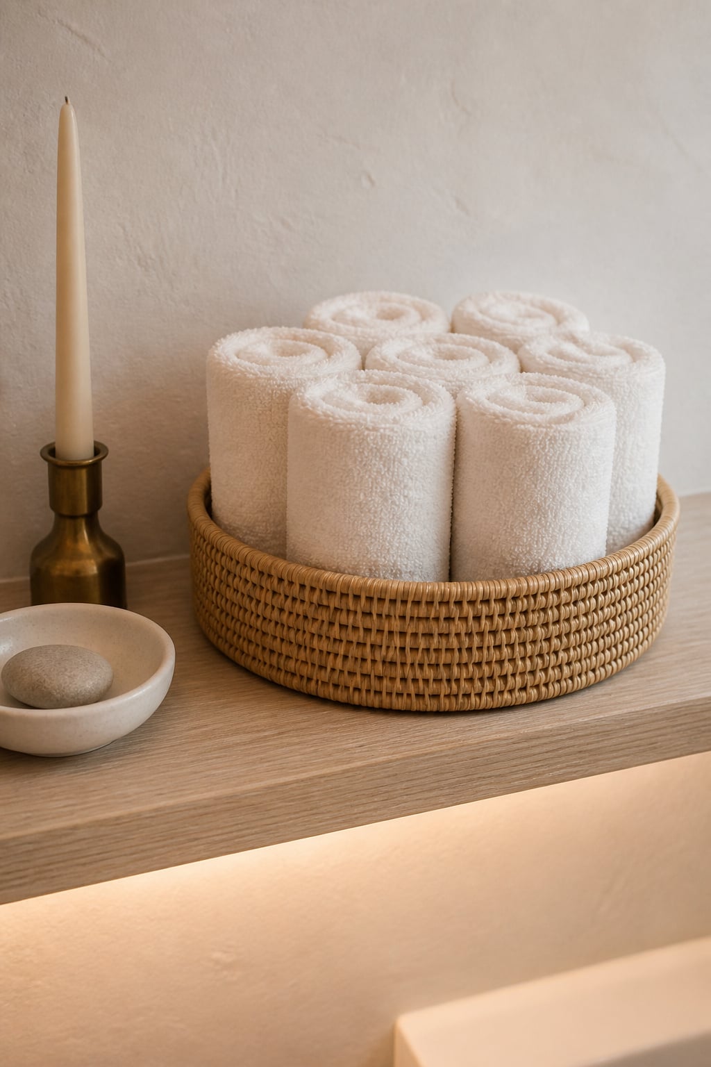 Round rattan basket of six rolled ivory towels stood upright on a pale-oak floating shelf beside a ceramic dish and taper candle