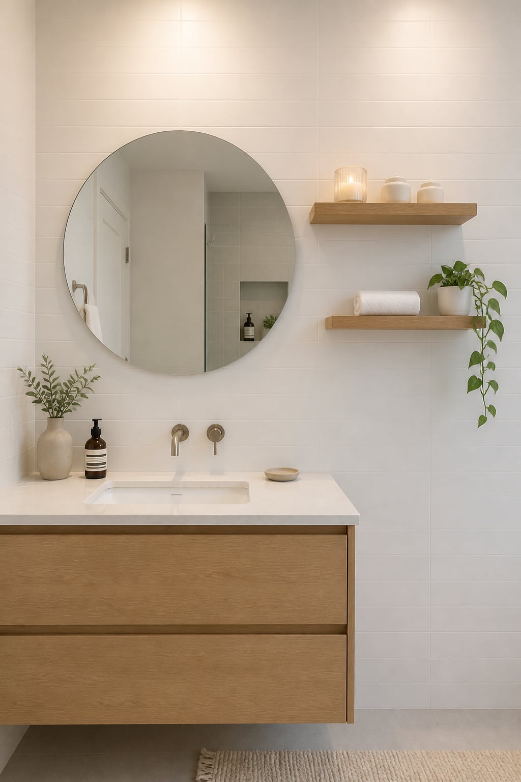 Two staggered oak floating shelves mounted beside a round bathroom mirror — upper shelf at mirror-top height, lower shelf offset slightly right and lower