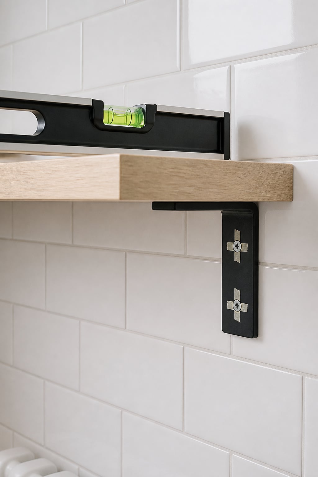 A pale oak floating shelf bracket mounted on white subway tile, with a spirit level confirming the shelf is level before final fixing
