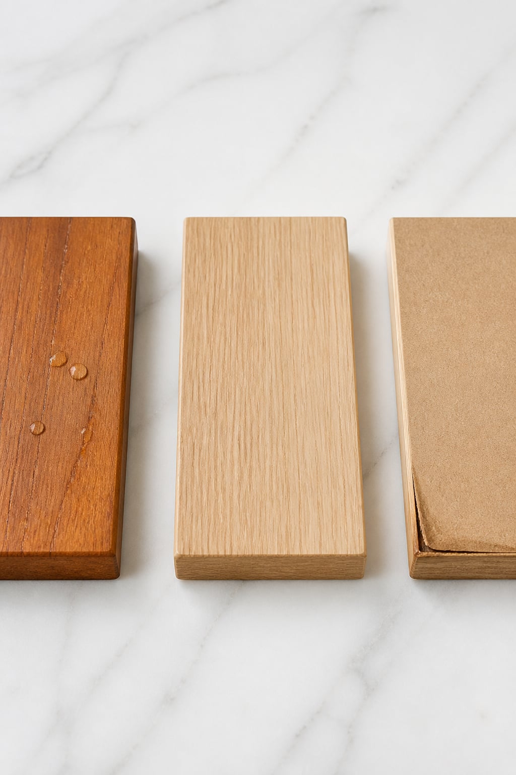 Side-by-side comparison of teak, sealed oak, and MDF bathroom shelf sections, showing water beading on teak and early swelling on an unprotected MDF edge