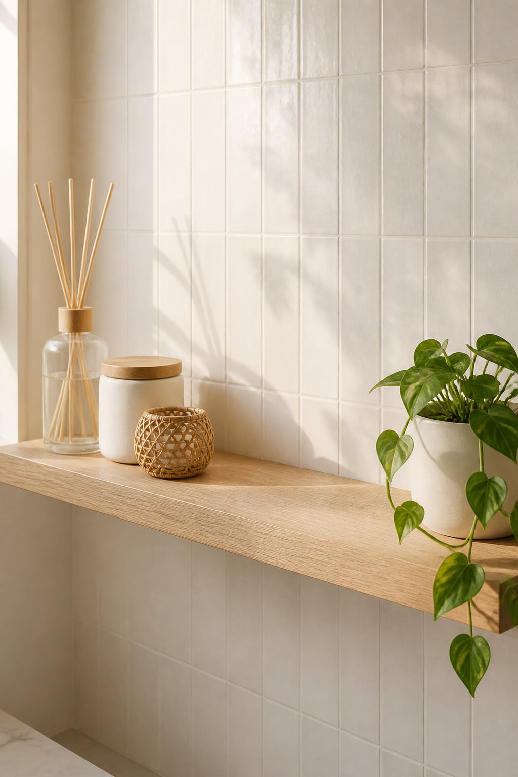 Oak floating shelf with a grouping of three items at one end — tall glass diffuser, medium ceramic jar, small candle — and deliberate empty space in the centre