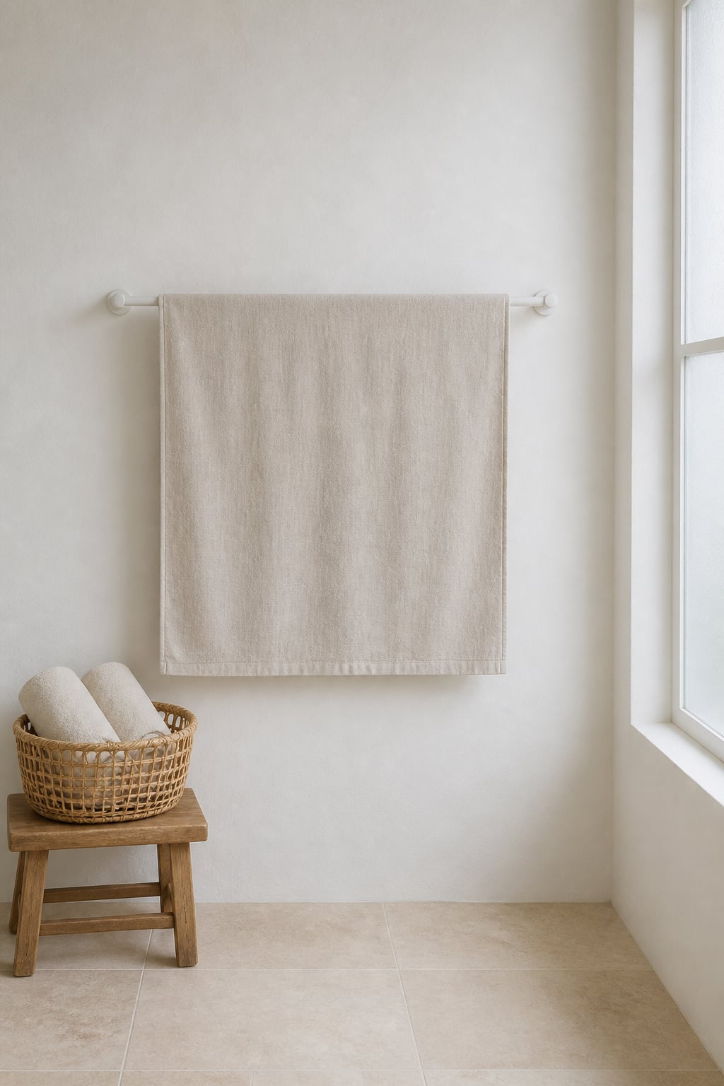 A single pale towel hanging fully open on a white towel bar beside a small rattan basket of rolled towels on a low stool