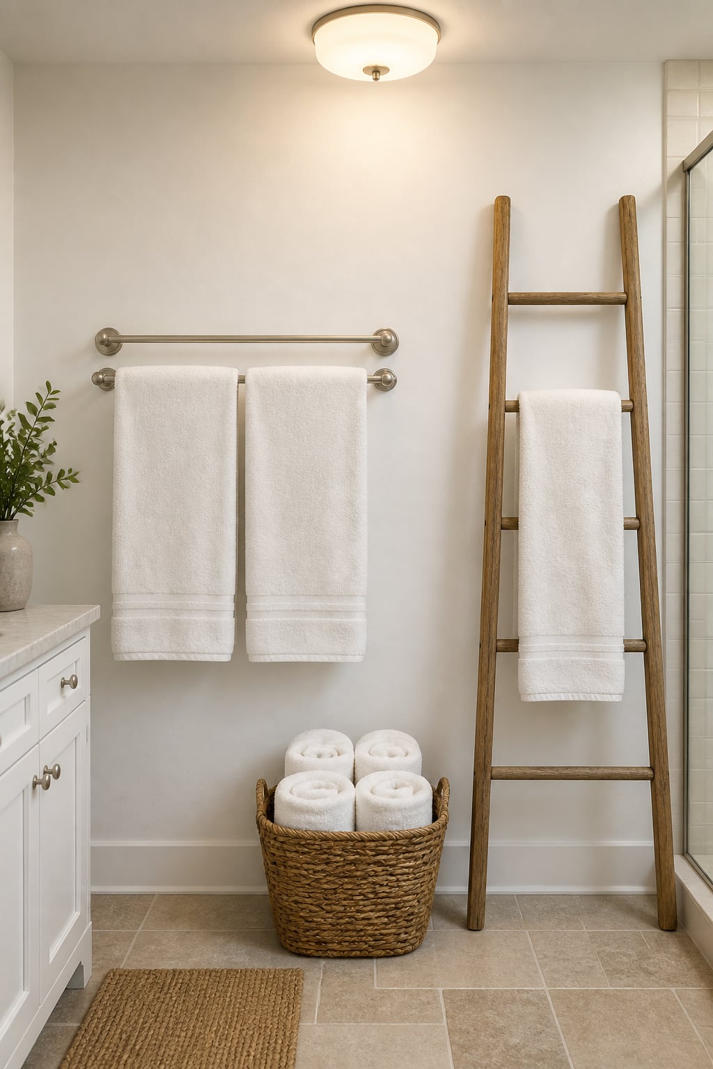 Three small bathroom towel storage methods side by side: a double towel bar, a wicker basket with rolled towels, and a leaning ladder rack