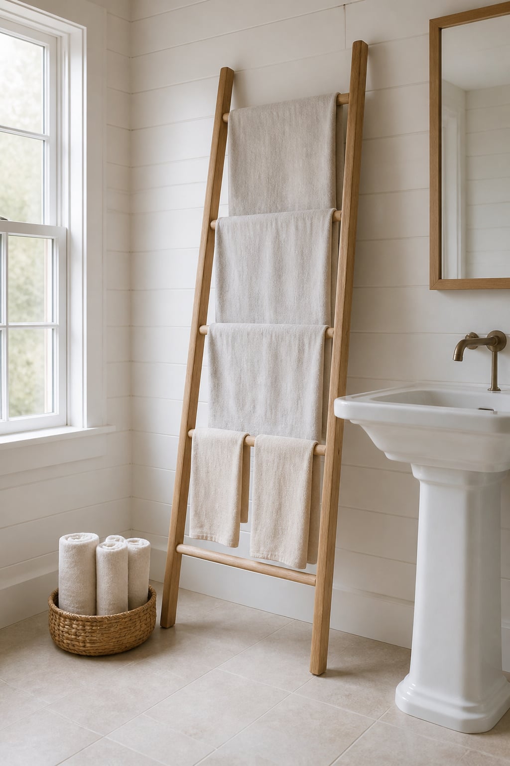 Natural oak ladder rack with draped linen towels beside a bathroom window, wicker basket of rolled towels on the floor