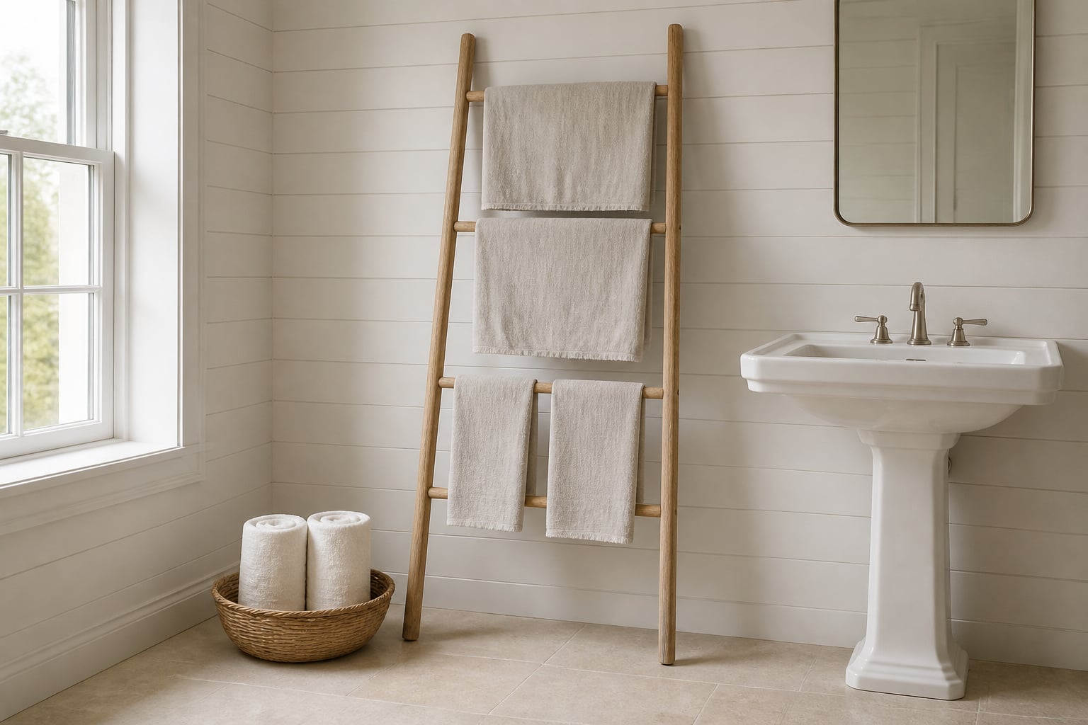 Natural oak ladder rack with draped linen towels beside a bathroom window, wicker basket of rolled towels on the floor