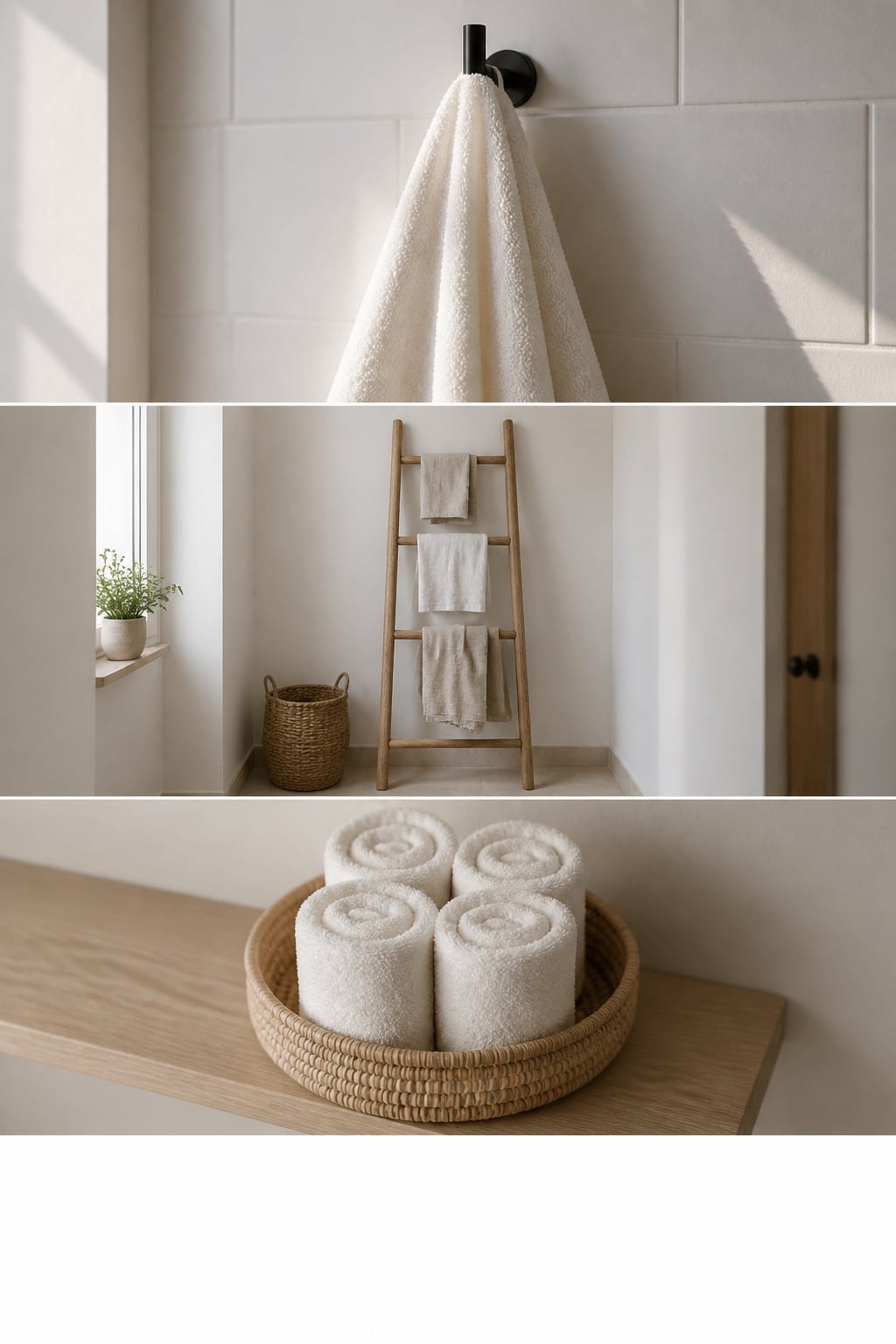 Three towel storage approaches: a single hook with an open towel, a ladder rack in a bathroom corner, and rolled towels in a rattan basket on a shelf