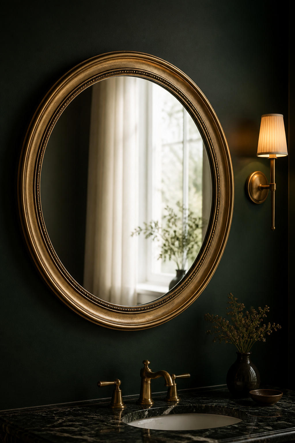 Round antique brass mirror on a forest-green wall, hung facing a window to reflect daylight