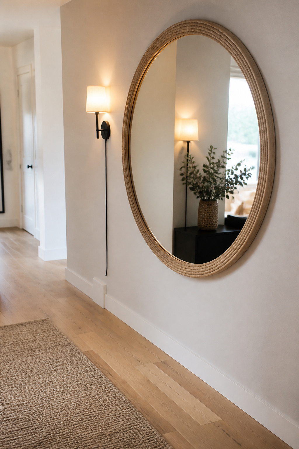 Narrow windowless rental hallway brightened with a round mirror on the side wall, a warm plug-in sconce, pale walls and a low-pile jute runner